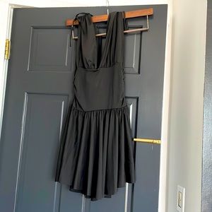 Sexy little black dress! Chiffon Ruffle Mini Dress Plunge Deep V Neck Pleated
